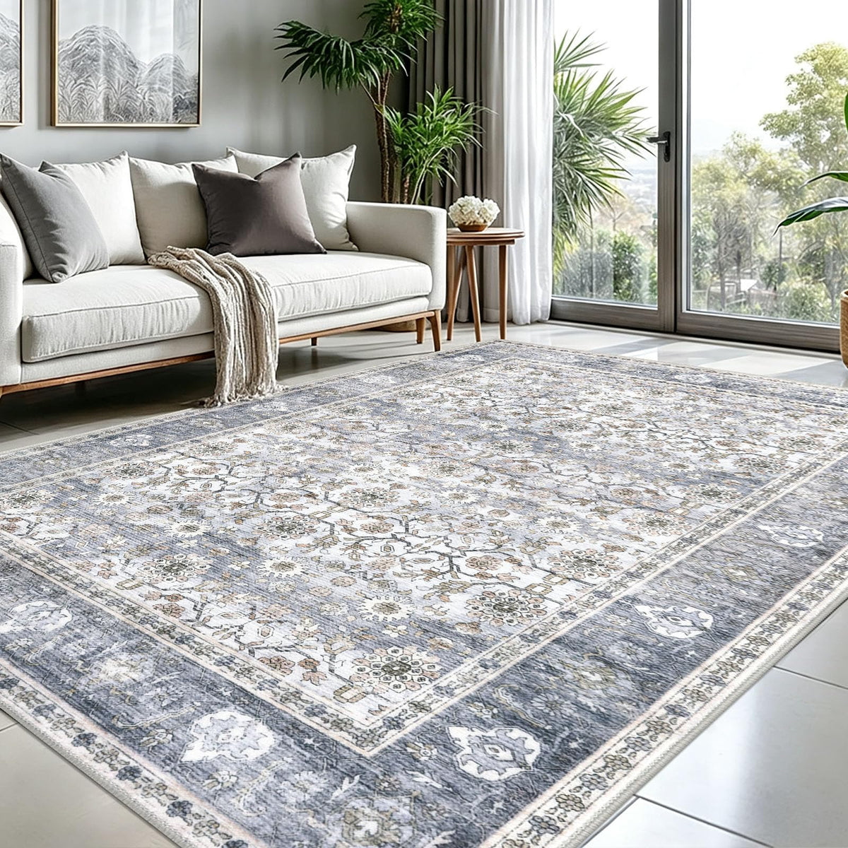 KUTA Vintage Floral Washable 2x3 Rugs for Entryway Blue Grey Beige