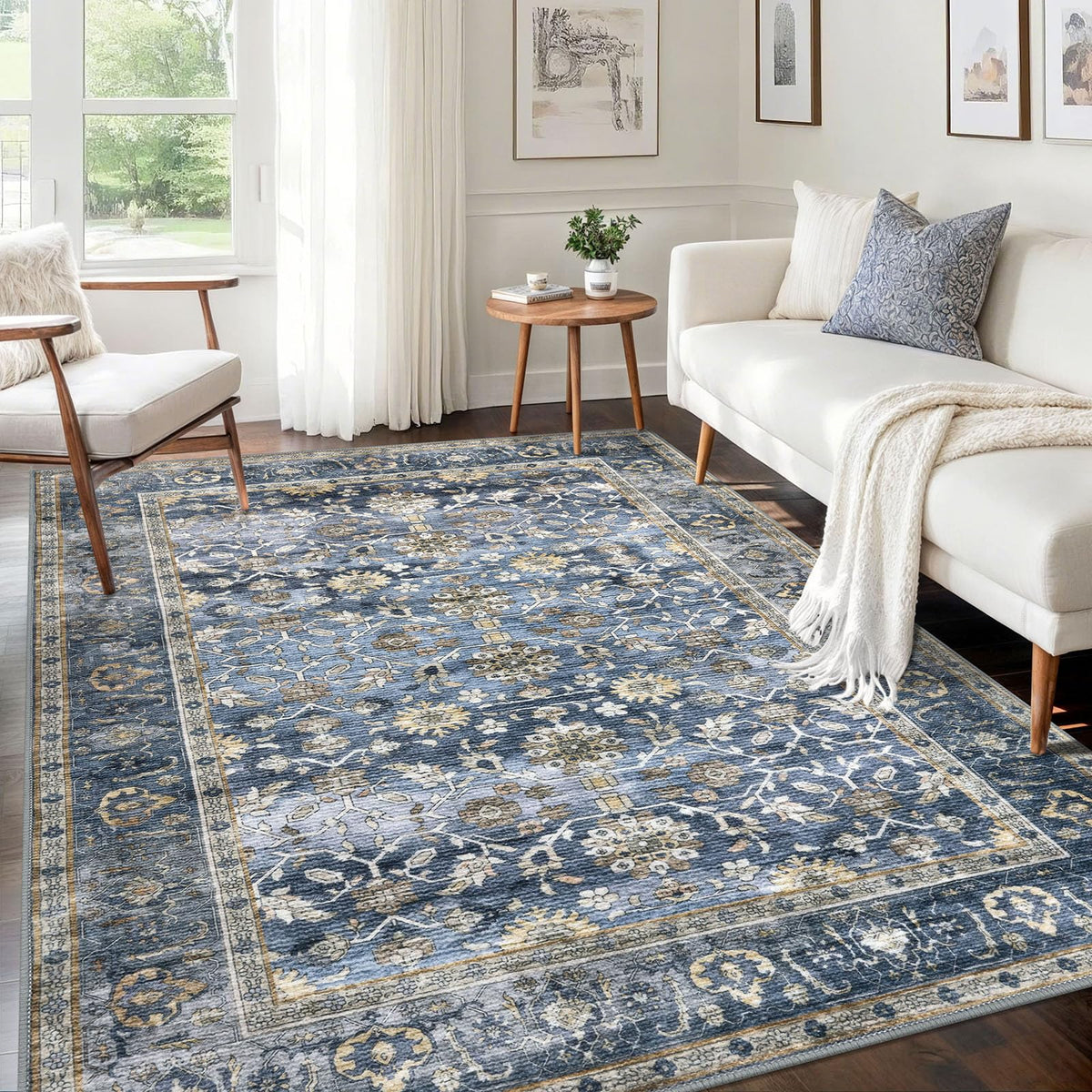 KUTA Vintage Floral Washable 2x3 Rugs for Entryway Blue Grey Beige