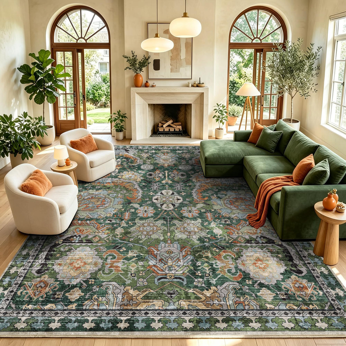 RUGSURE Washable Area Rugs - Perfect for Living Room, Bedroom, Kids Room, Nursery - Stain & Water Resistant Non-Slip, Pet & Child Friendly, Vintage Tribal Area Rugs (Green, 3' x 5 ')