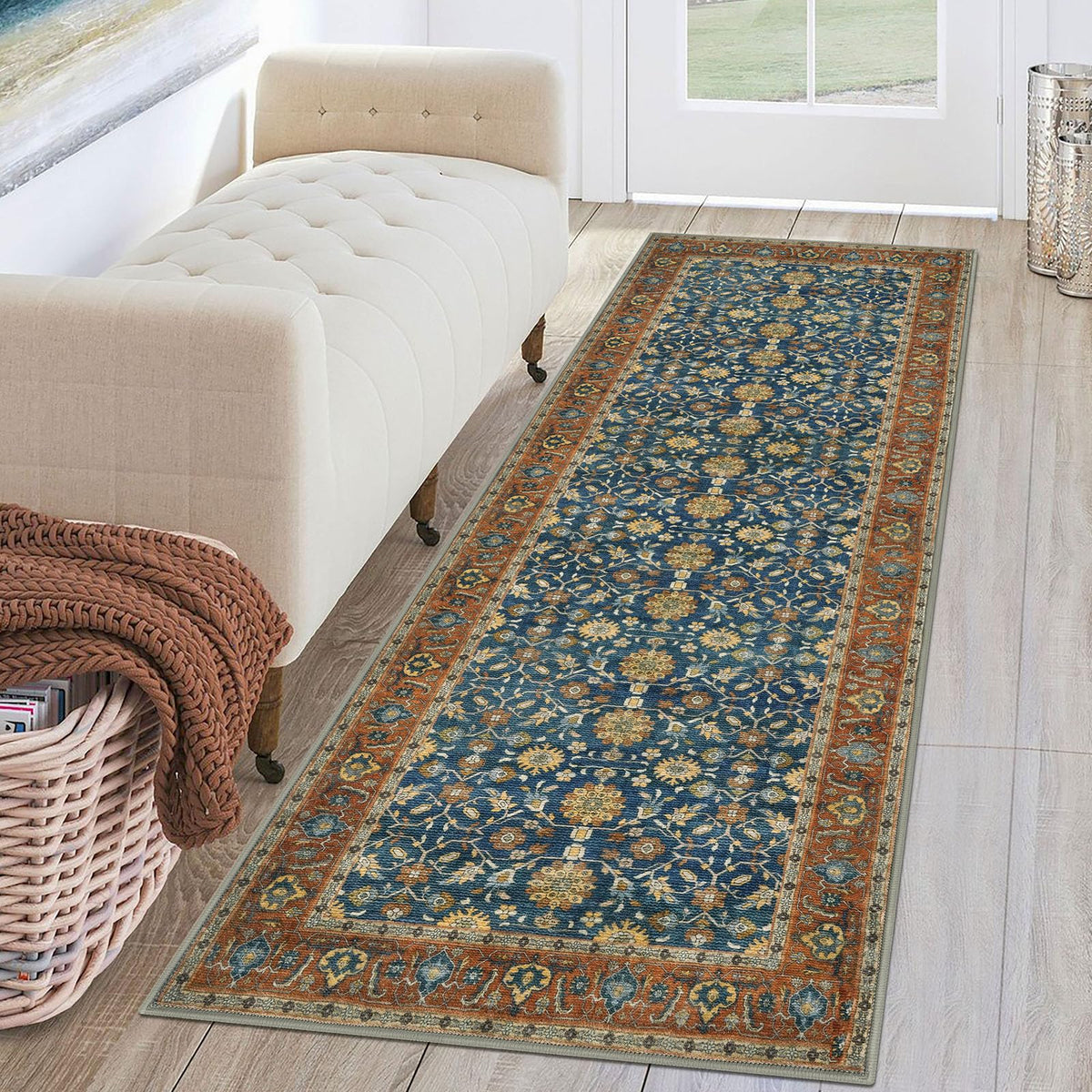 KUTA Vintage Floral Washable 2x3 Rugs for Entryway Blue Grey Beige