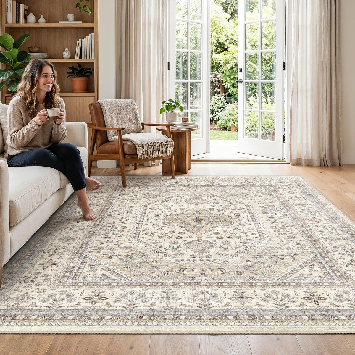 2x3 Washable Entryway Area Rug - Non-Slip Boho Throw Rugs Beige Gray