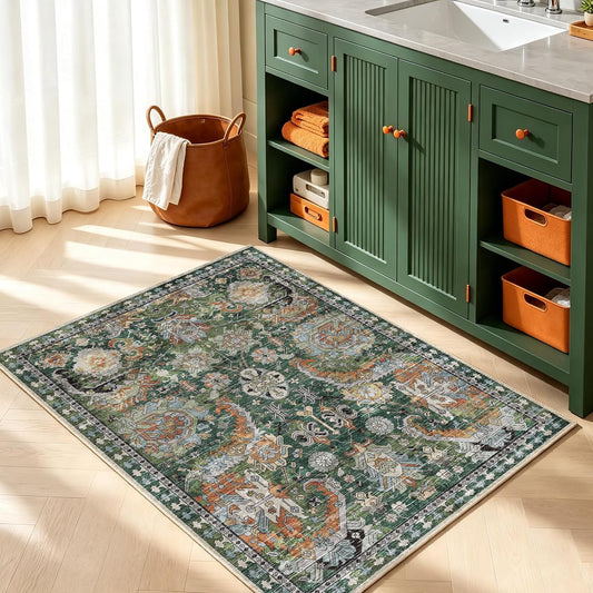 RUGSURE Washable Area Rugs - Perfect for Living Room, Bedroom, Kids Room, Nursery - Stain & Water Resistant Non-Slip, Pet & Child Friendly, Vintage Tribal Area Rugs (Green, 3' x 5 ')