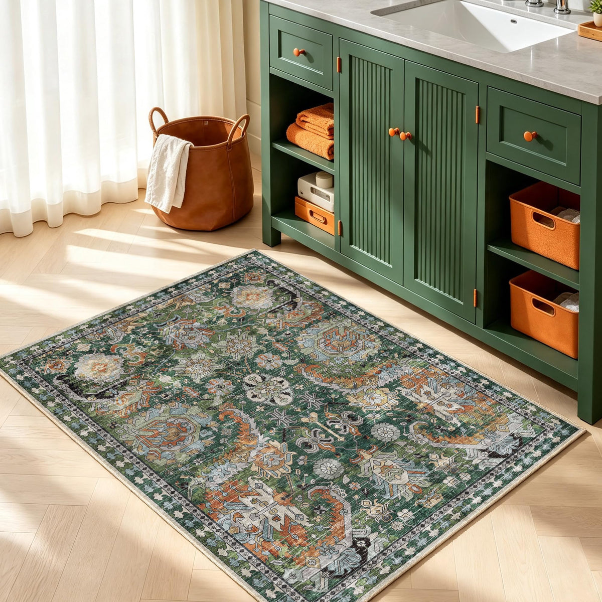 RUGSURE Washable Area Rugs - Perfect for Living Room, Bedroom, Kids Room, Nursery - Stain & Water Resistant Non-Slip, Pet & Child Friendly, Vintage Tribal Area Rugs (Green, 3' x 5 ')