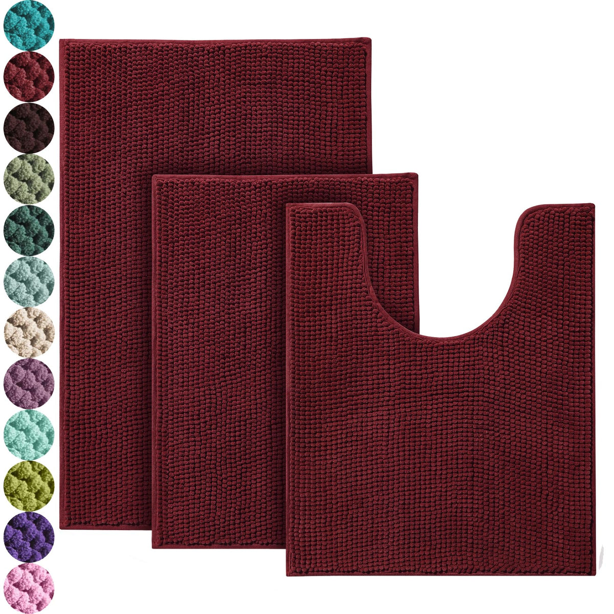 Urvoix Bathroom Rugs Sets 3 Piece, Non-Slip Chenille Bath Rug Set