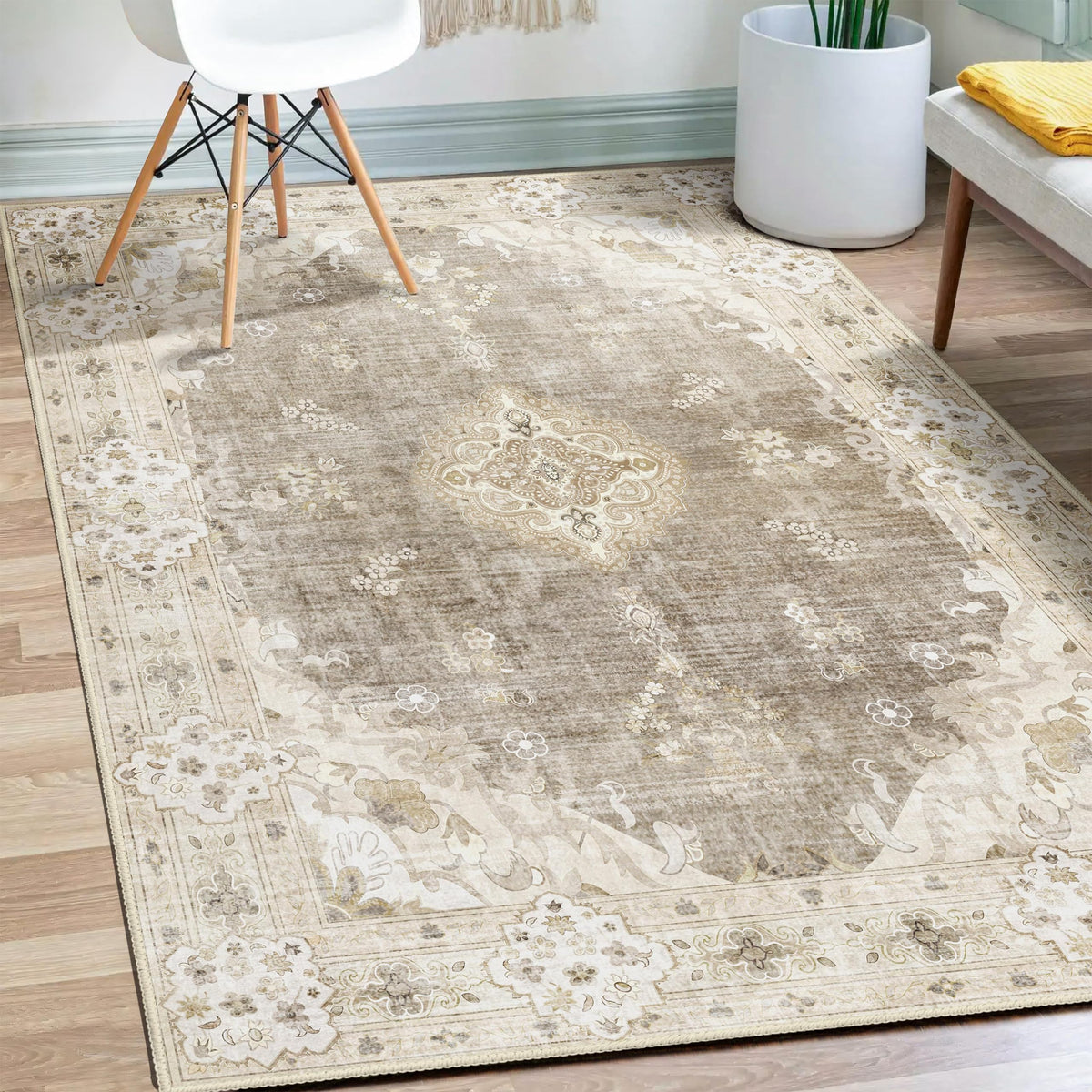 MUJOO Pink Rug 3x5 Washable,Boho Area Rugs Small Non Slip Low-Pile Floral