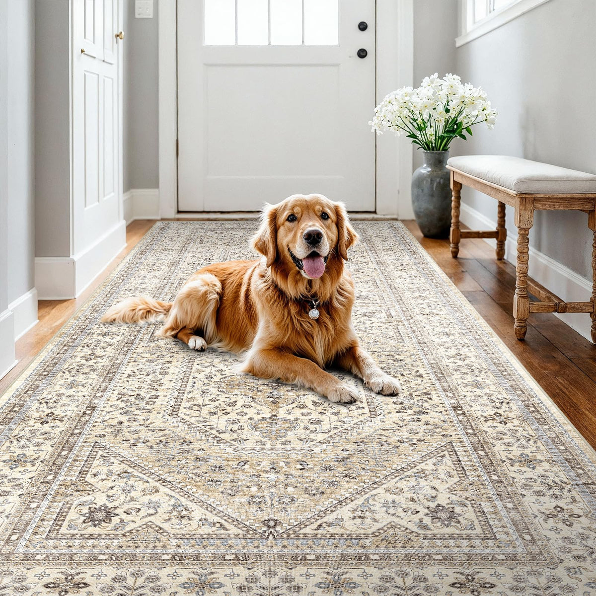 2x3 Washable Entryway Area Rug - Non-Slip Boho Throw Rugs Beige Gray