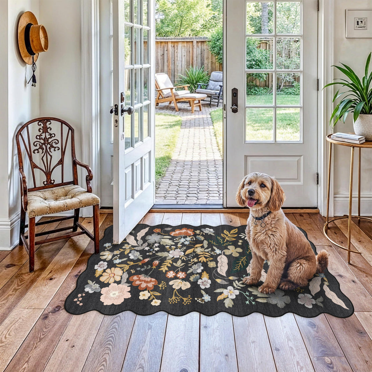 2x4 Rug Washable for Entryway - Non-Slip Scalloped Floral Throw Rug Black