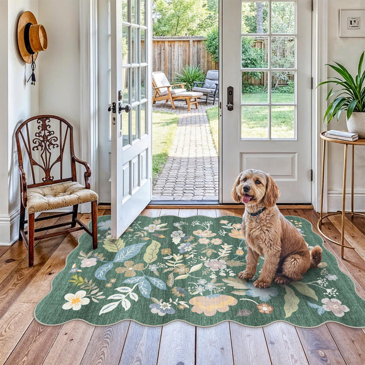 2x4 Rug Washable for Entryway - Non-Slip Scalloped Floral Throw Rug Black