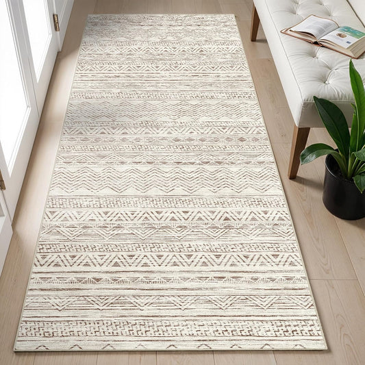2x5 Runner Rug Washable Moroccan: Non Slip Kitchen Long Floor Mat Beige