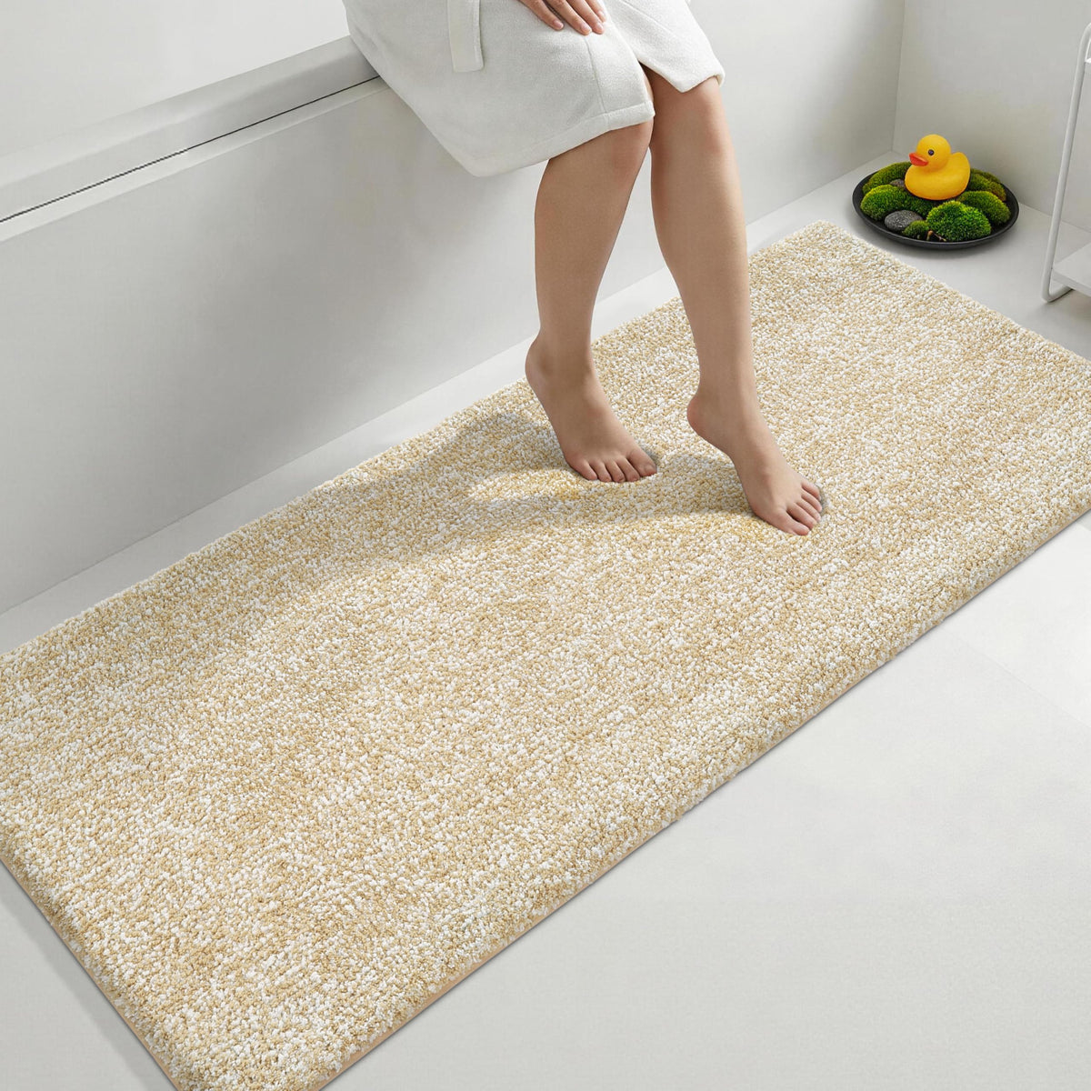 Yimobra Non Slip Machine Washable Bathroom Rug 24x17 Light Beige and White