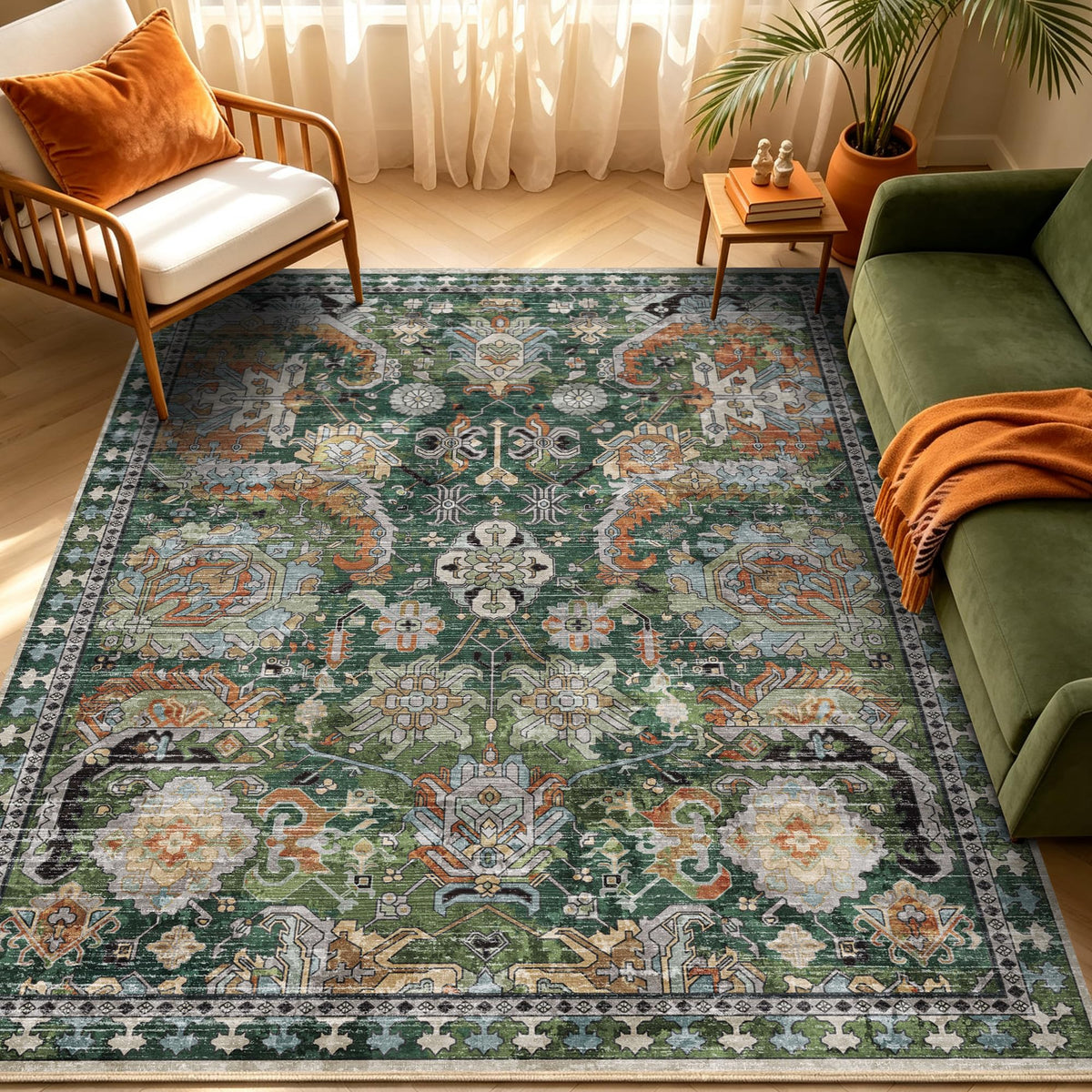 RUGSURE Washable Area Rugs - Perfect for Living Room, Bedroom, Kids Room, Nursery - Stain & Water Resistant Non-Slip, Pet & Child Friendly, Vintage Tribal Area Rugs (Green, 3' x 5 ')