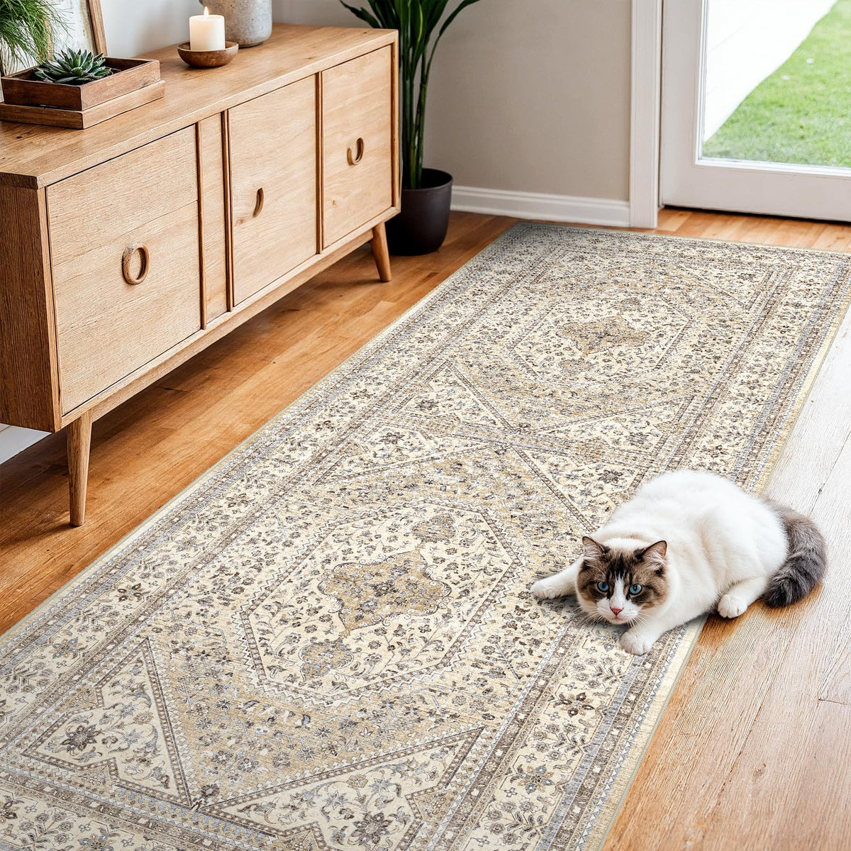 2x3 Washable Entryway Area Rug - Non-Slip Boho Throw Rugs Beige Gray