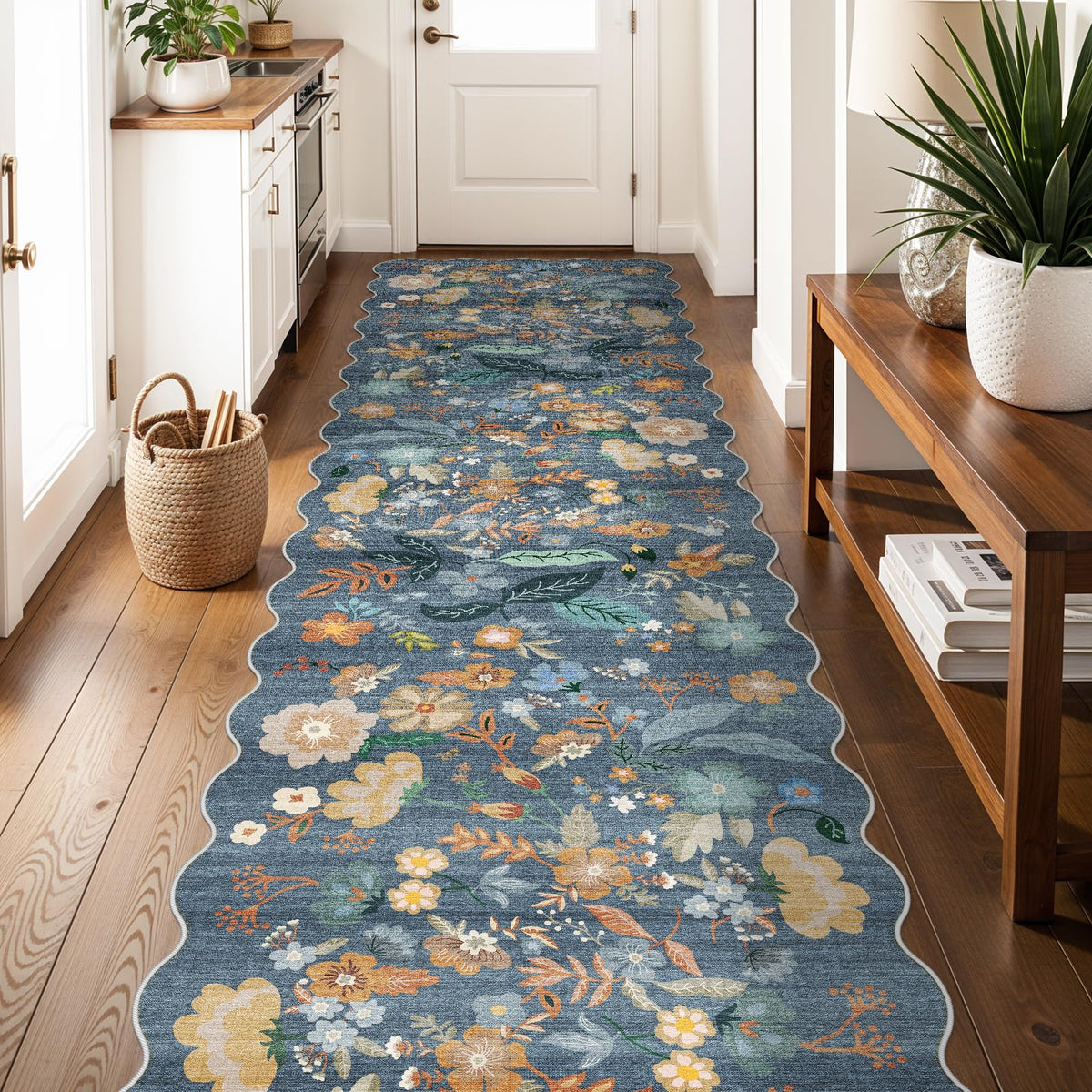 2x4 Rug Washable for Entryway - Non-Slip Scalloped Floral Throw Rug Black