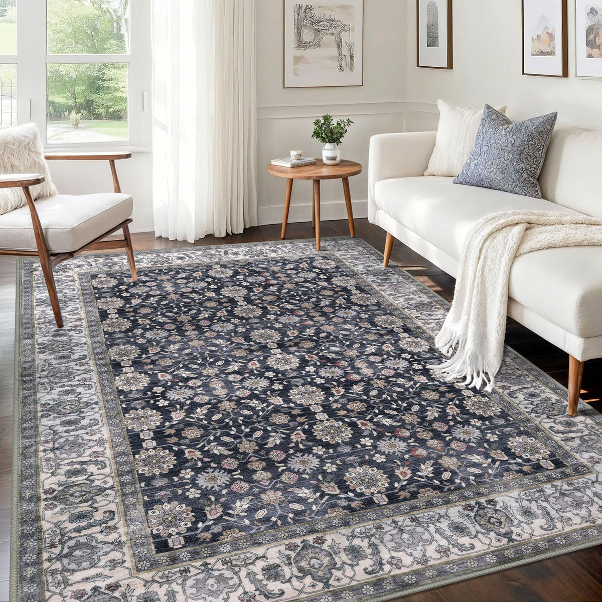KUTA Vintage Floral Washable 2x3 Rugs for Entryway Blue Grey Beige