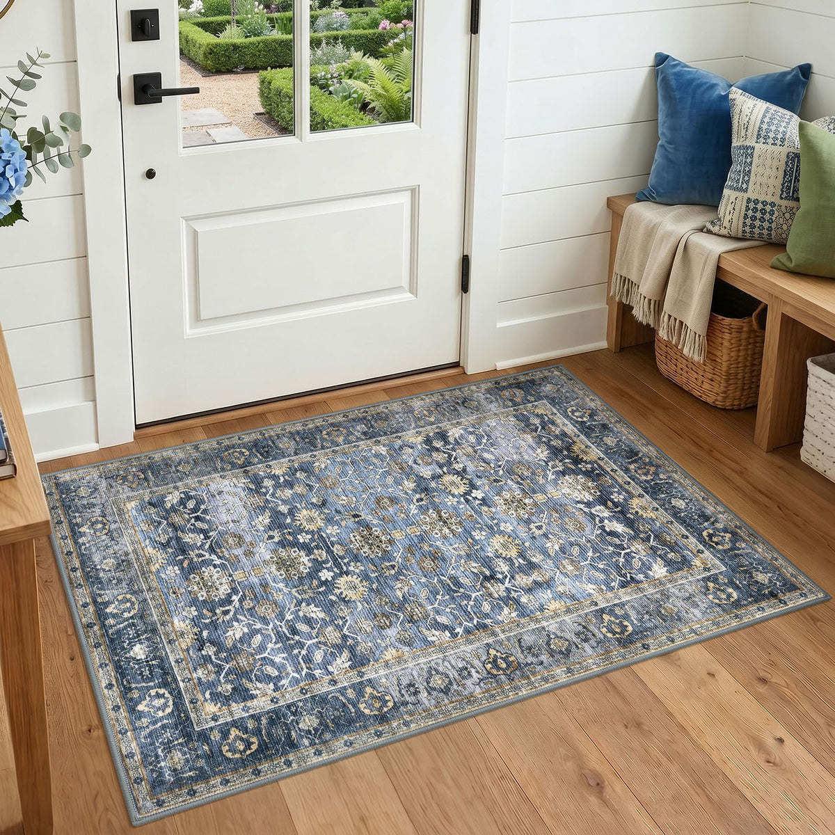 KUTA Vintage Floral Washable 2x3 Rugs for Entryway Blue Grey Beige