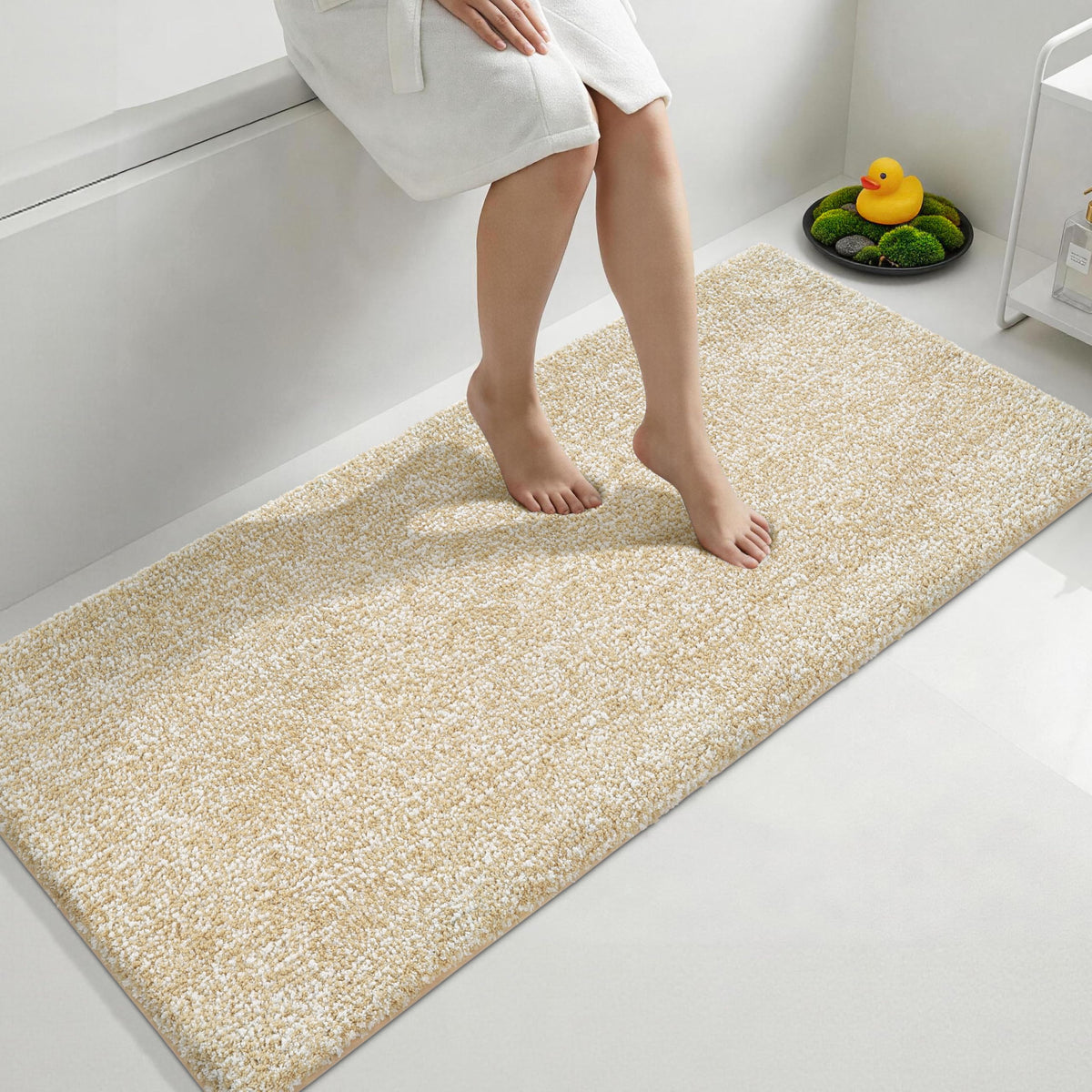 Yimobra Non Slip Machine Washable Bathroom Rug 24x17 Light Beige and White
