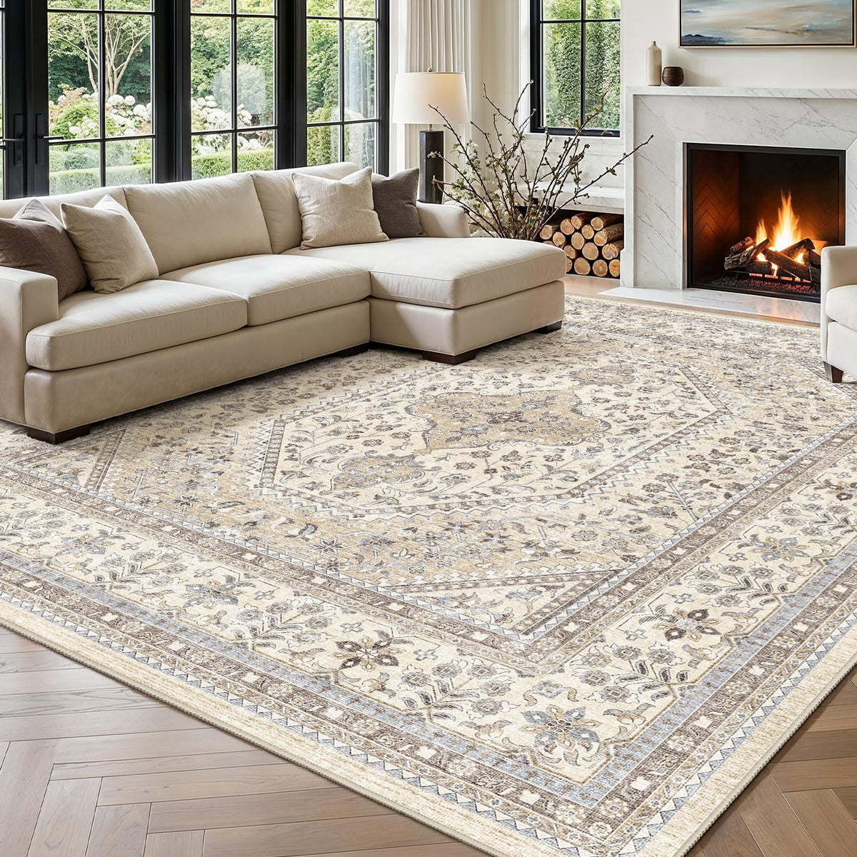 2x3 Washable Entryway Area Rug - Non-Slip Boho Throw Rugs Beige Gray