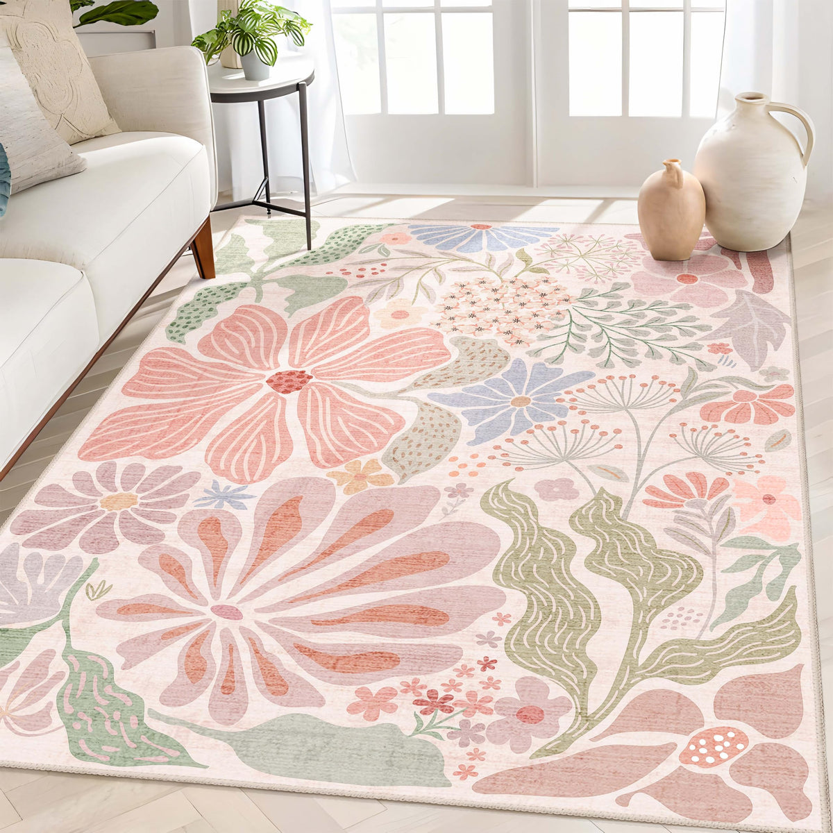 MUJOO Pink Washable 2x6 Runner Rugs Floral Area Rugs Non Slip Low-Pile