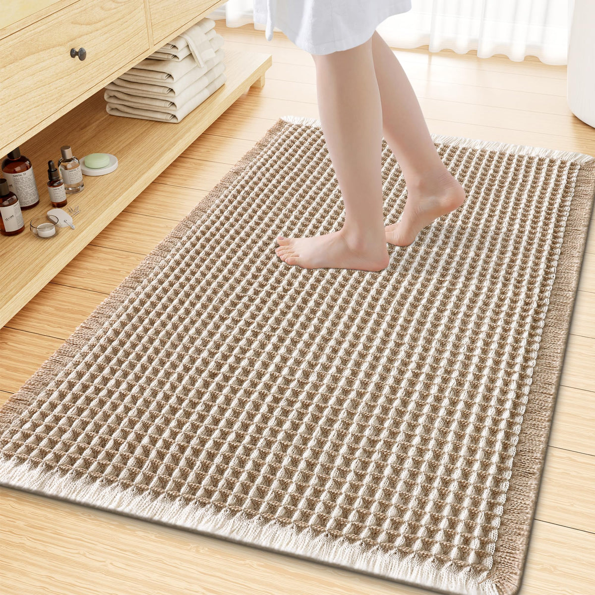 Smiry Waffle Bath Mat 30X20, Extra Soft Absorbent Bathroom Rugs, Brown