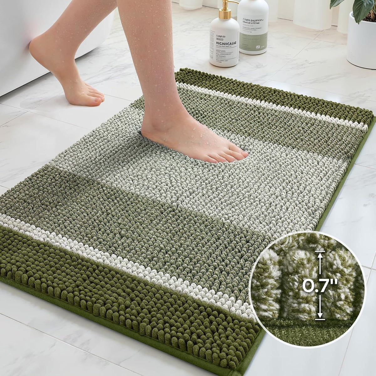 HOMEIDEAS Sage Green Bathroom Rugs Sets 2 Piece Chenille, 20"x32"+17"x24"