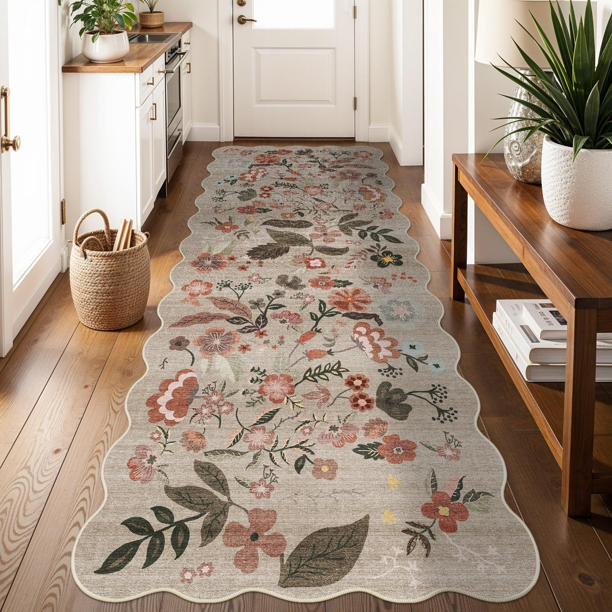 2x4 Rug Washable for Entryway - Non-Slip Scalloped Floral Throw Rug Black