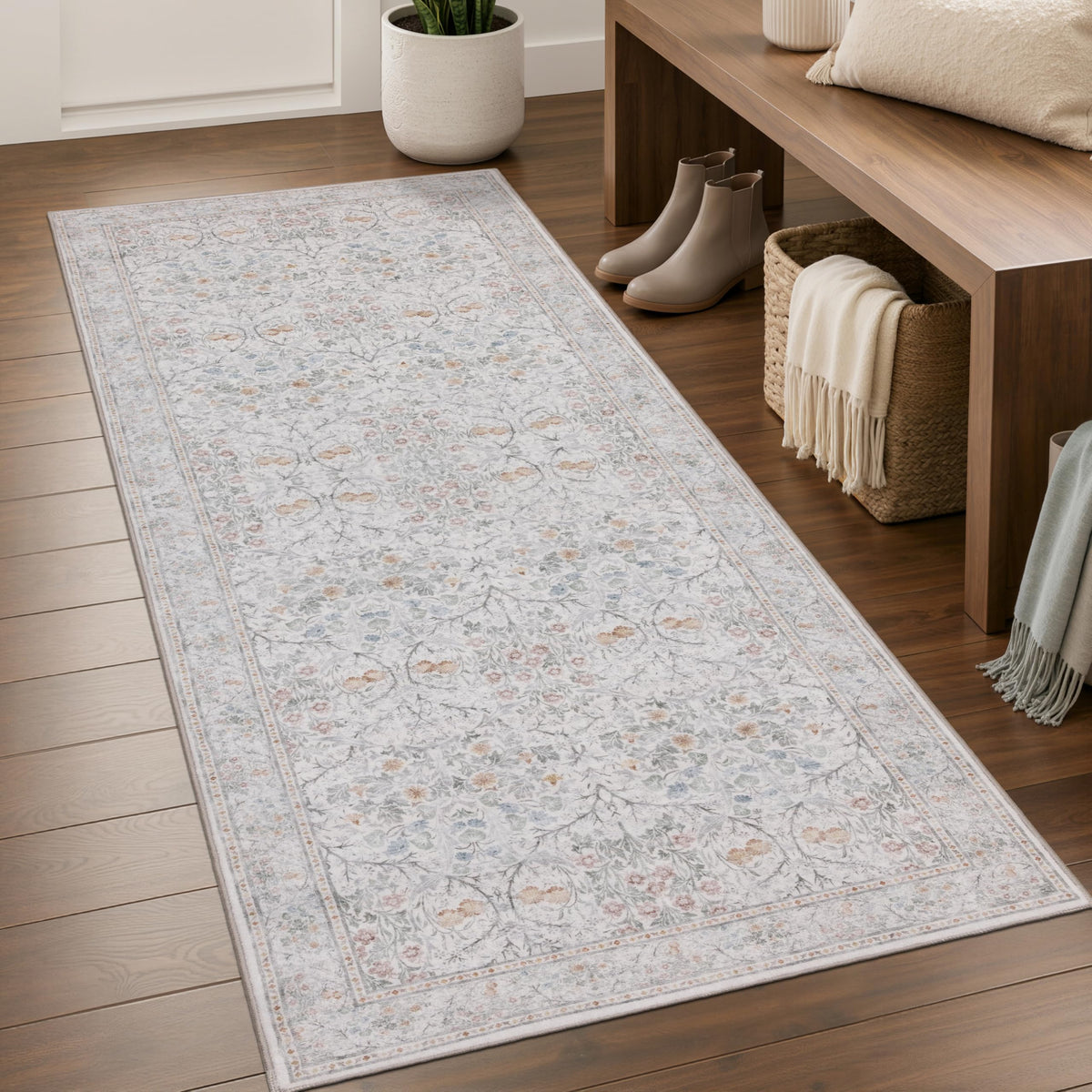 JOLLYVOGUE Entryway Rug, 2x3 Washable Vintage Floral Rug, Beige