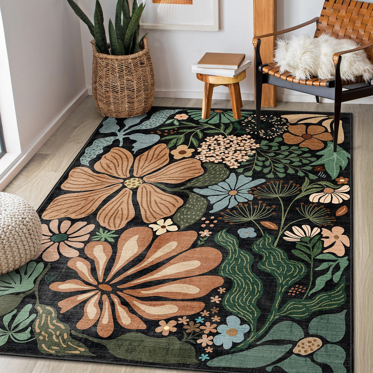 MUJOO Pink Washable 2x6 Runner Rugs Floral Area Rugs Non Slip Low-Pile