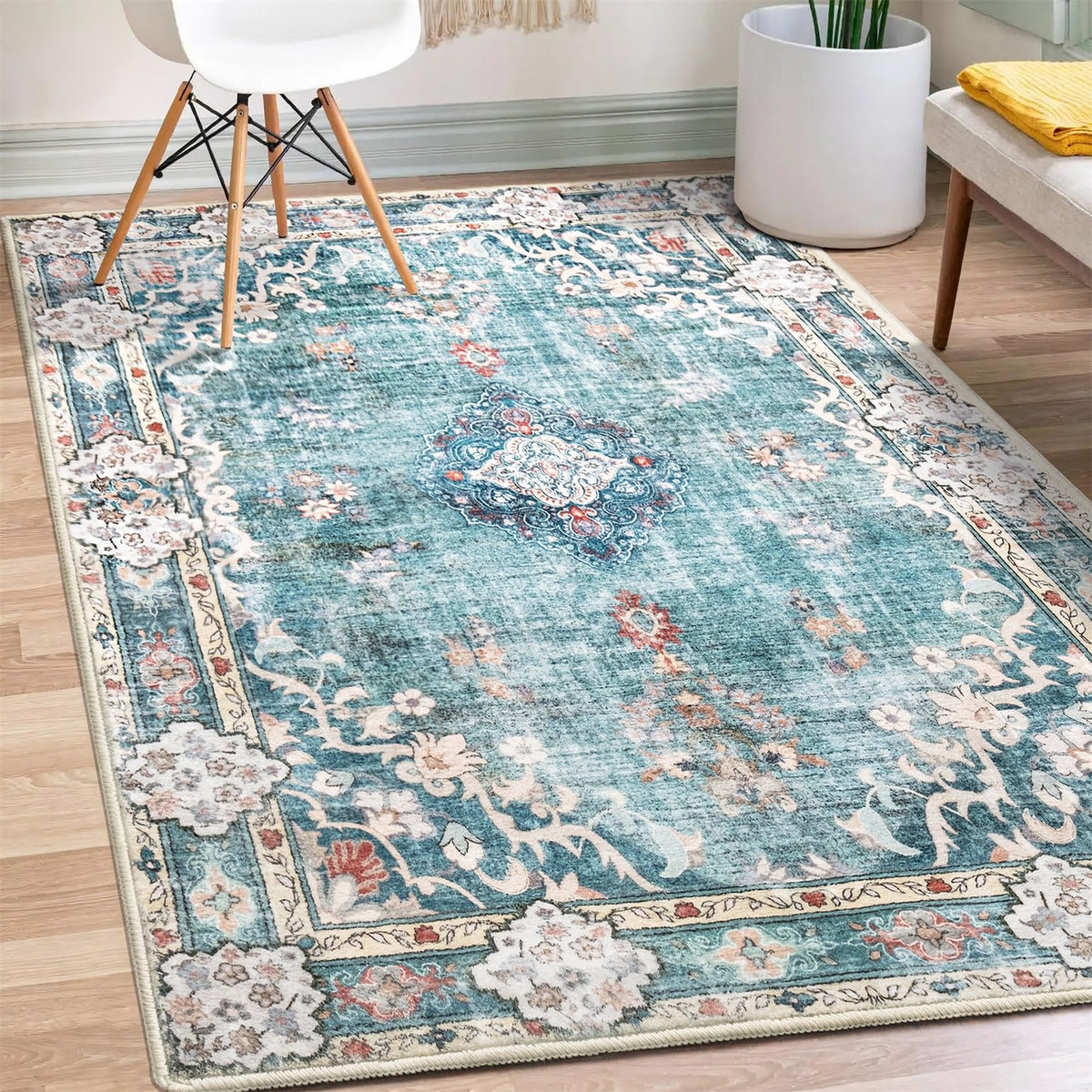 MUJOO Pink Rug 3x5 Washable,Boho Area Rugs Small Non Slip Low-Pile Floral
