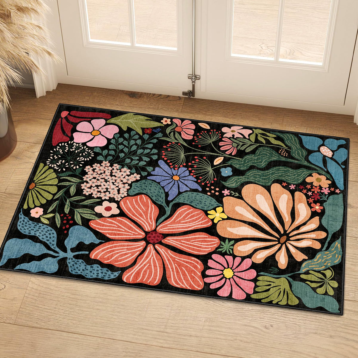 MUJOO Pink Washable 2x6 Runner Rugs Floral Area Rugs Non Slip Low-Pile