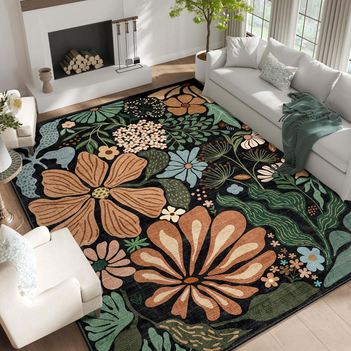 MUJOO Pink Washable 2x6 Runner Rugs Floral Area Rugs Non Slip Low-Pile