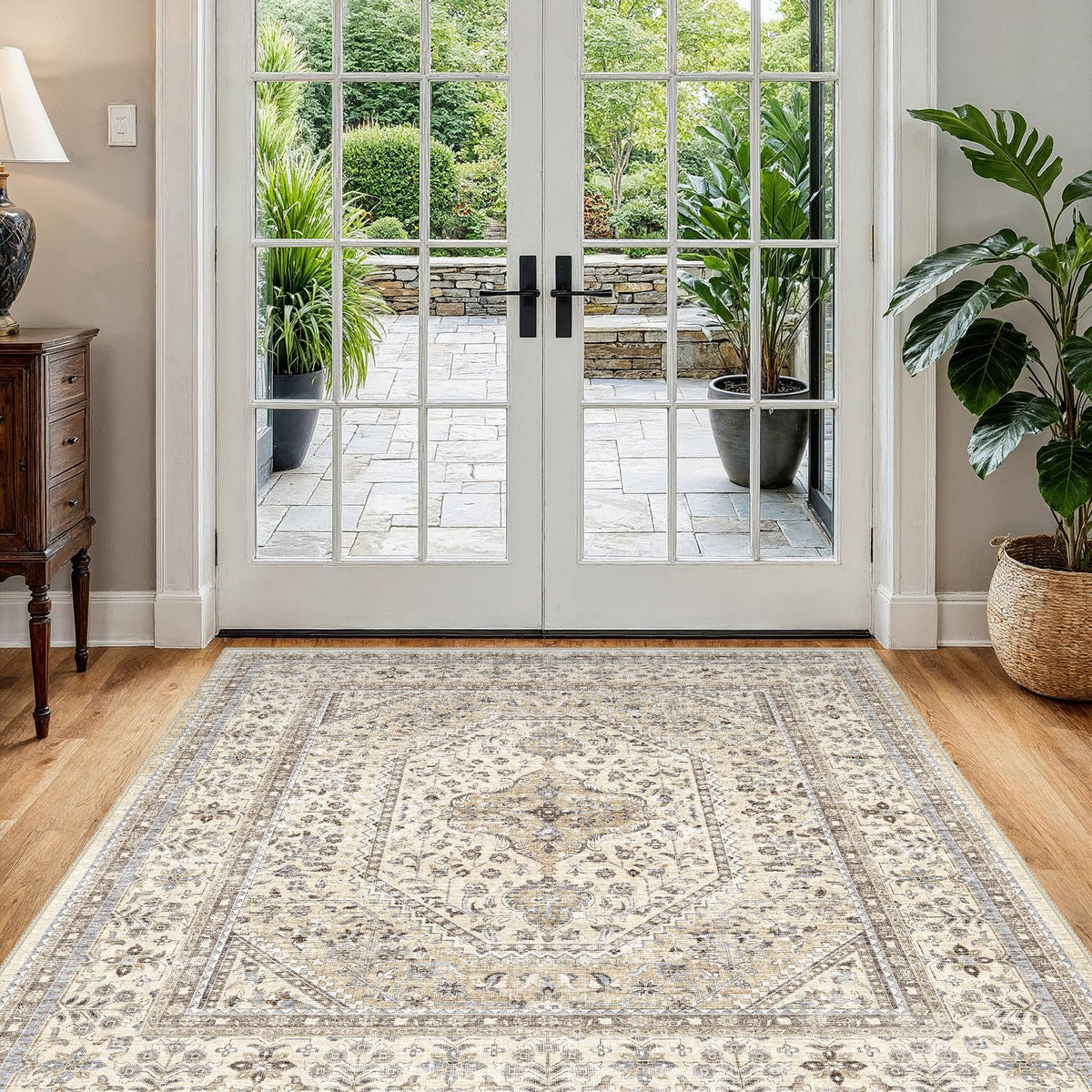 2x3 Washable Entryway Area Rug - Non-Slip Boho Throw Rugs Beige Gray