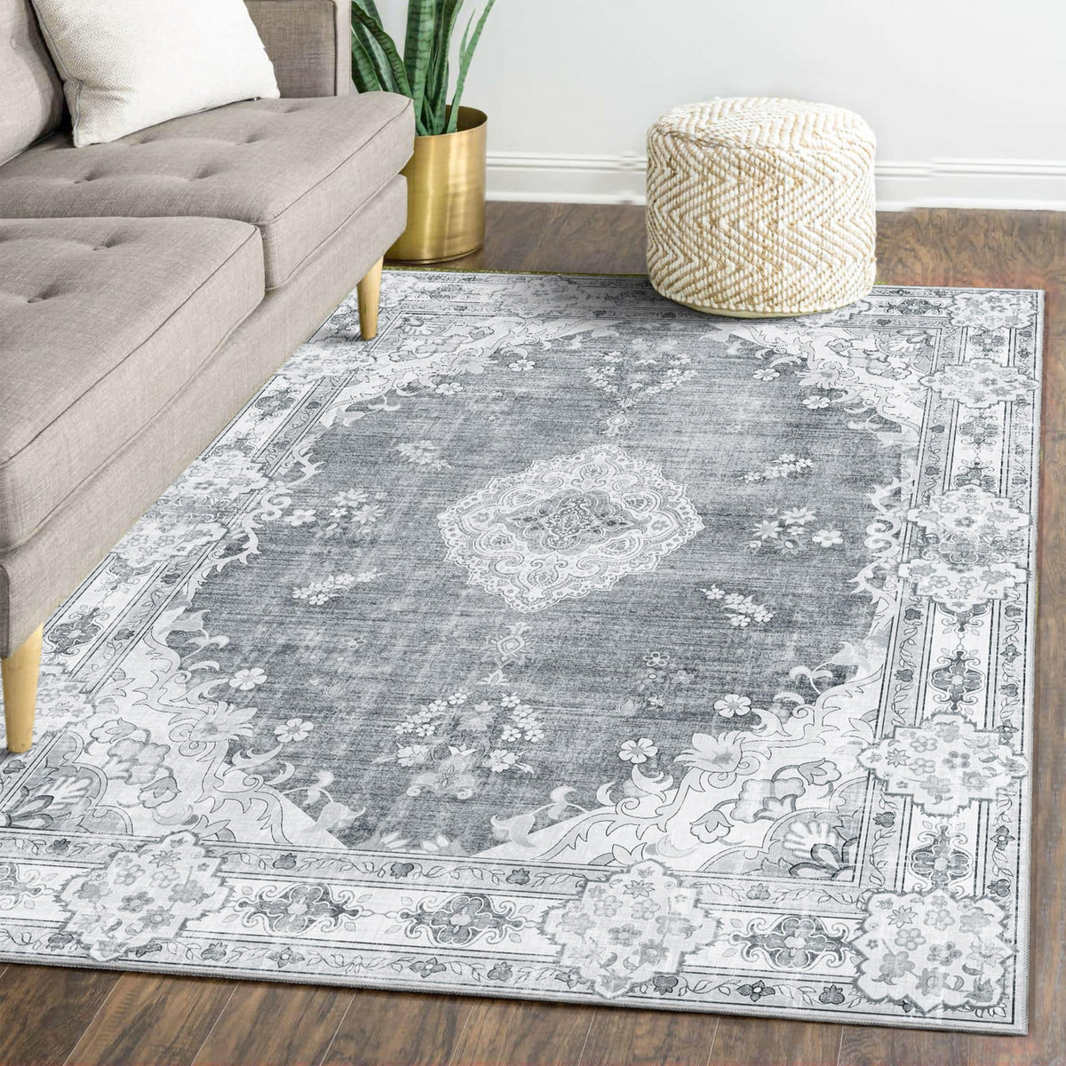 MUJOO Pink Rug 3x5 Washable,Boho Area Rugs Small Non Slip Low-Pile Floral