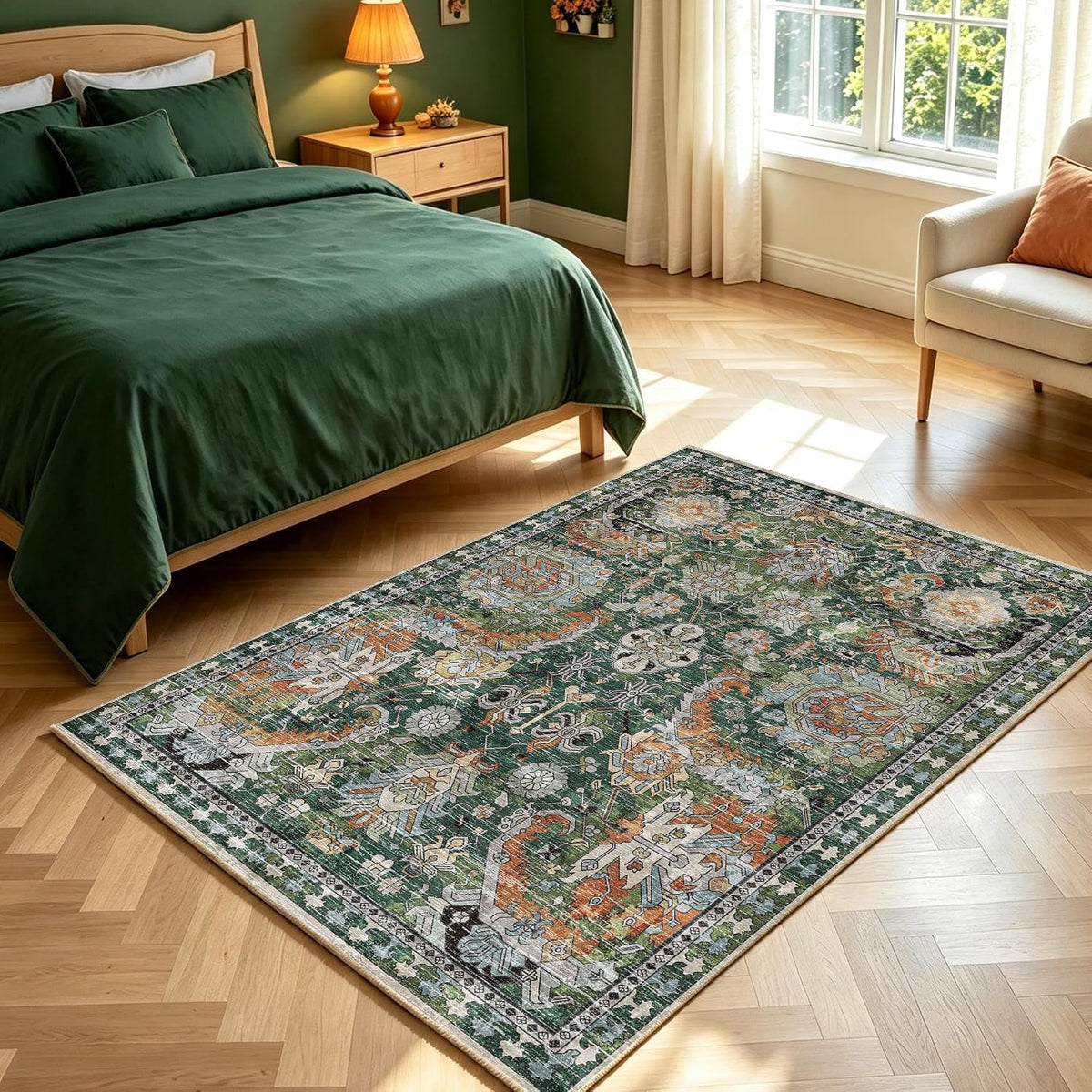 RUGSURE Washable Area Rugs - Perfect for Living Room, Bedroom, Kids Room, Nursery - Stain & Water Resistant Non-Slip, Pet & Child Friendly, Vintage Tribal Area Rugs (Green, 3' x 5 ')