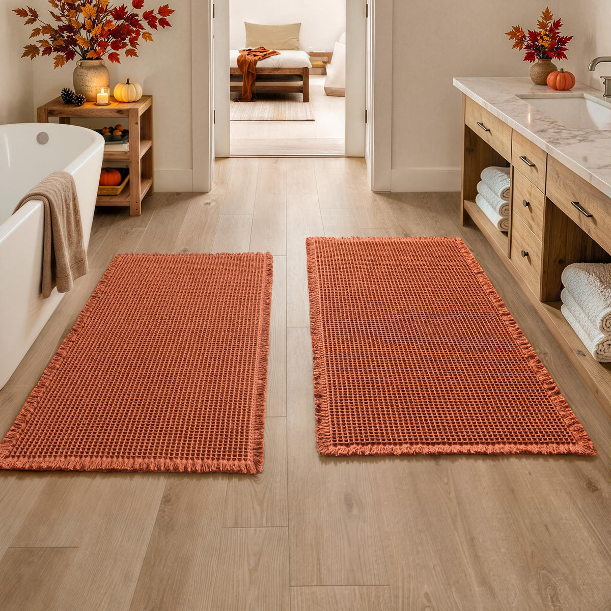 MIULEE Set of 2 Waffle Bathroom Rugs Boho Bath Mat Brown 18x30 Inch
