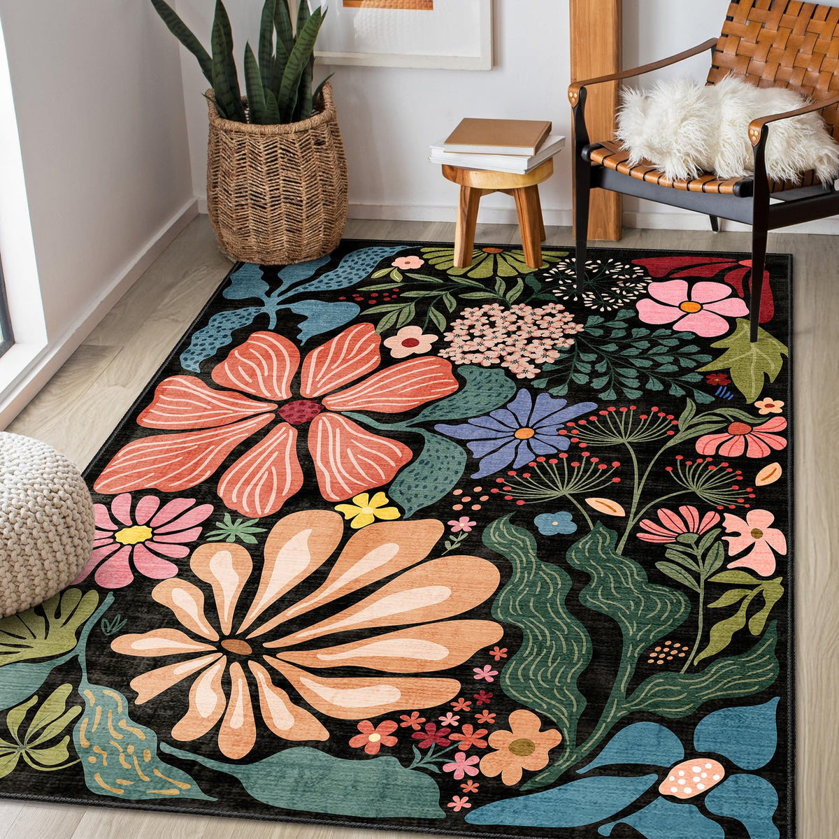MUJOO Pink Washable 2x6 Runner Rugs Floral Area Rugs Non Slip Low-Pile