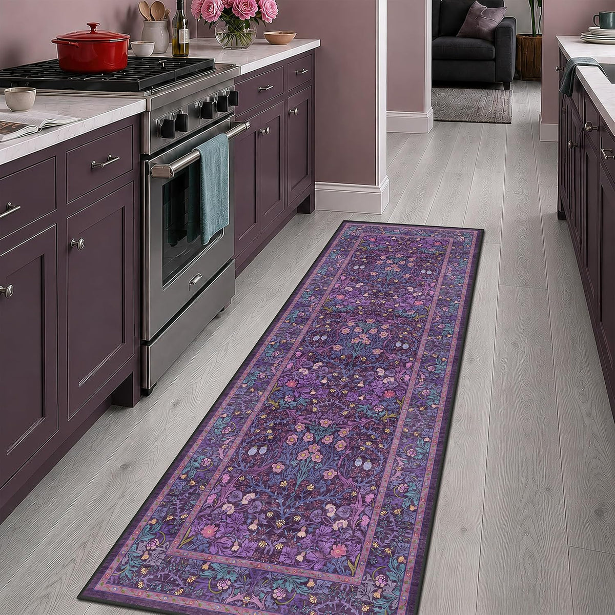 Washable Plum Purple Runner Rug 2x6 - Boho Rug Runner for Bathroom, Kitchen, Indoor Entryway, Low Pile Violet Carpet for Bedroom Bedside, Laundry Room, Hallway Mats for Floor, Stain Resistant