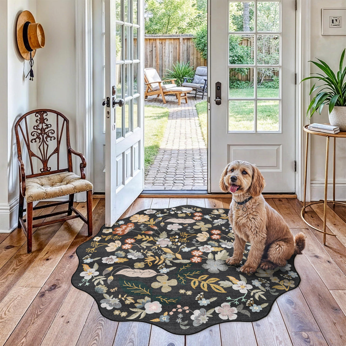 2x4 Rug Washable for Entryway - Non-Slip Scalloped Floral Throw Rug Black