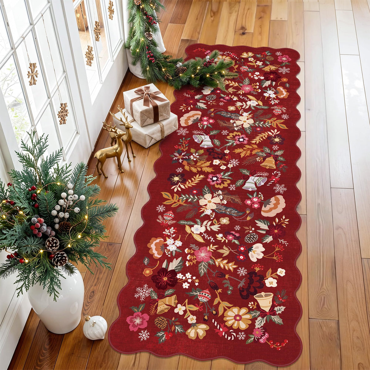 2x4 Rug Washable for Entryway - Non-Slip Scalloped Floral Throw Rug Black