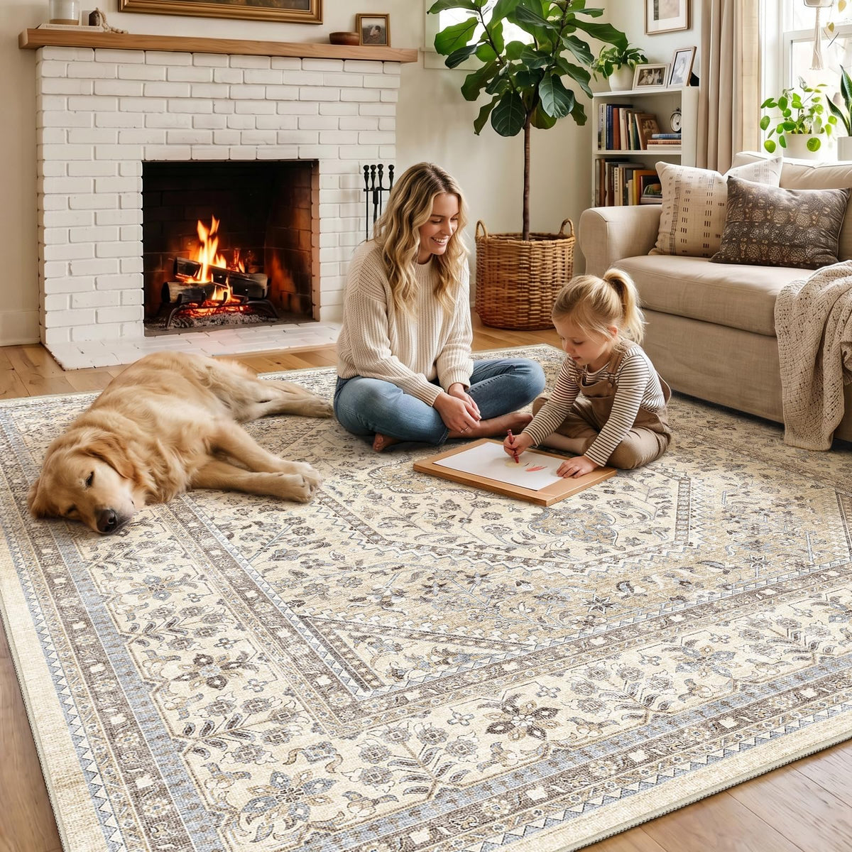 2x3 Washable Entryway Area Rug - Non-Slip Boho Throw Rugs Beige Gray