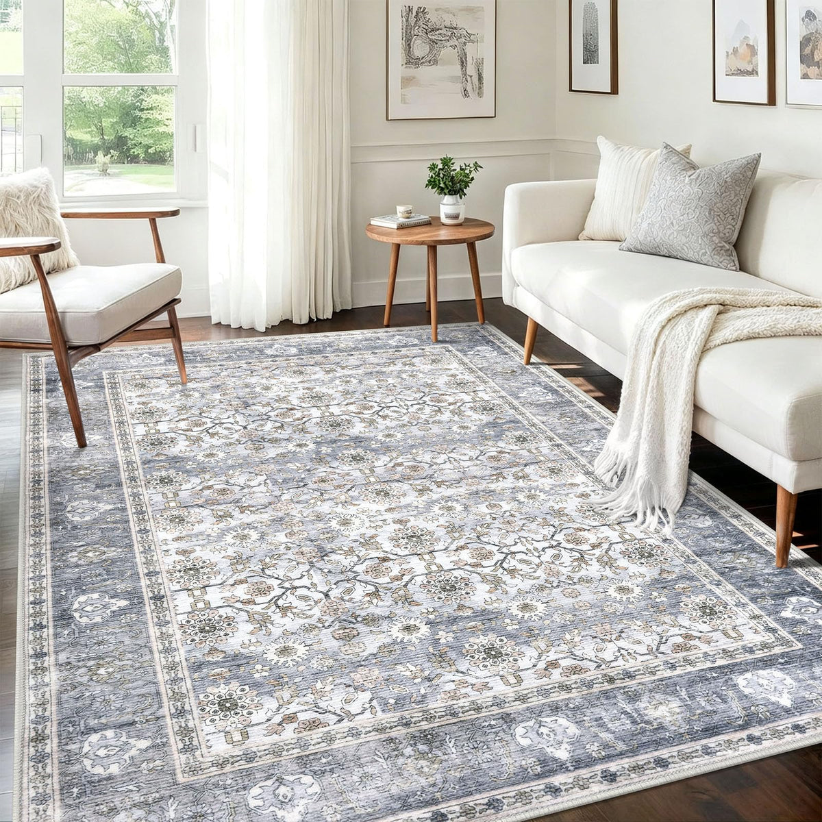 KUTA Vintage Floral Washable 2x3 Rugs for Entryway Blue Grey Beige