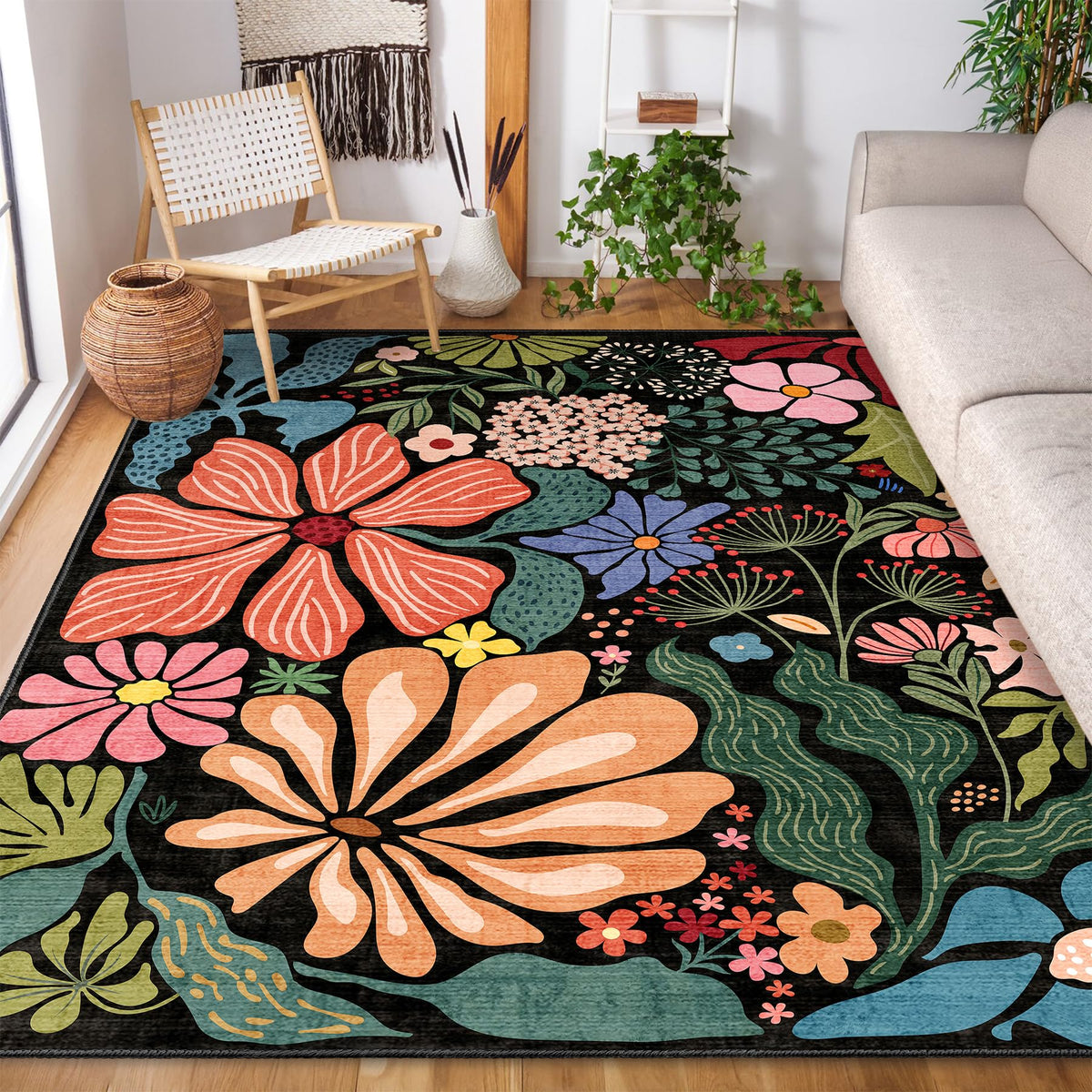 MUJOO Pink Washable 2x6 Runner Rugs Floral Area Rugs Non Slip Low-Pile