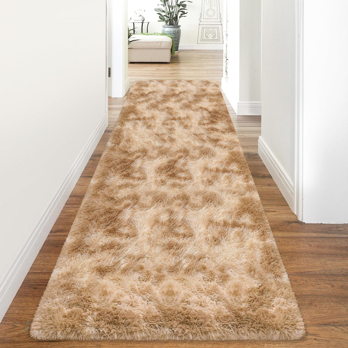 Soft Fluffy Beige Runner Rug for Bedroom, Bedside Long Rug Runner