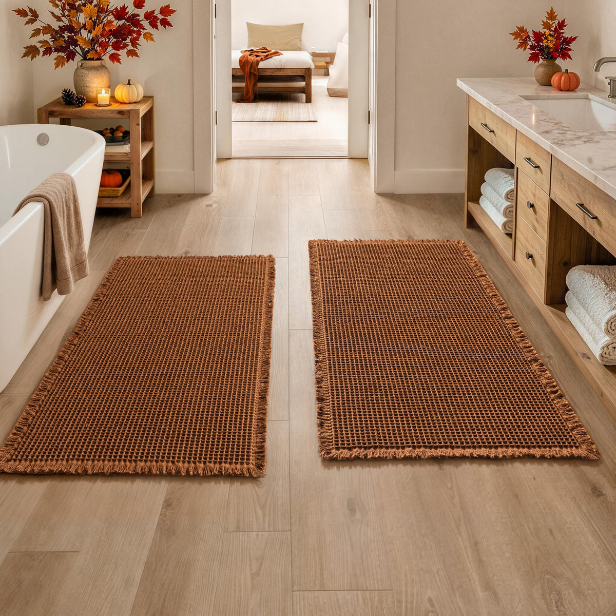 MIULEE Set of 2 Waffle Bathroom Rugs Boho Bath Mat Brown 18x30 Inch