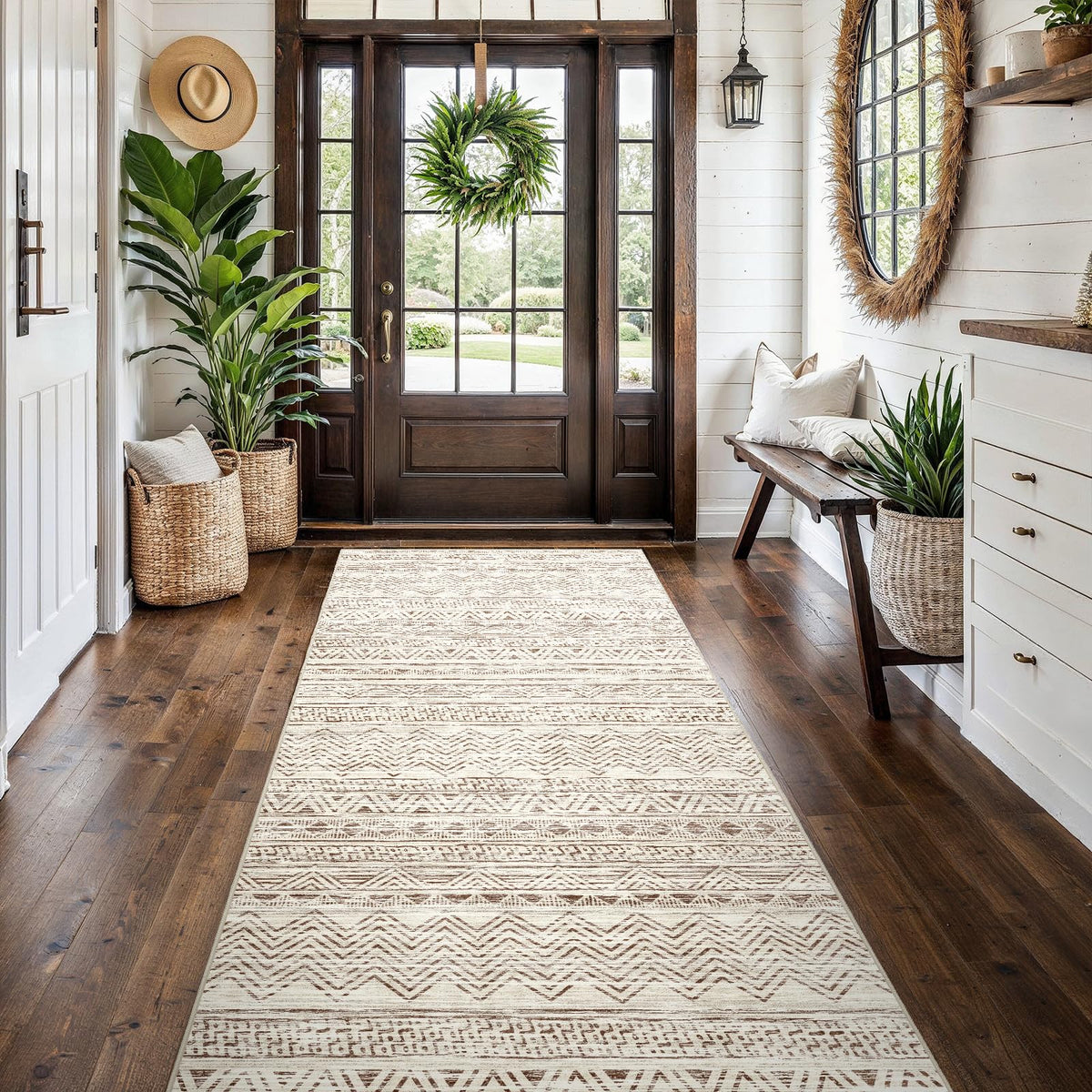 2x5 Runner Rug Washable Moroccan: Non Slip Kitchen Long Floor Mat Beige