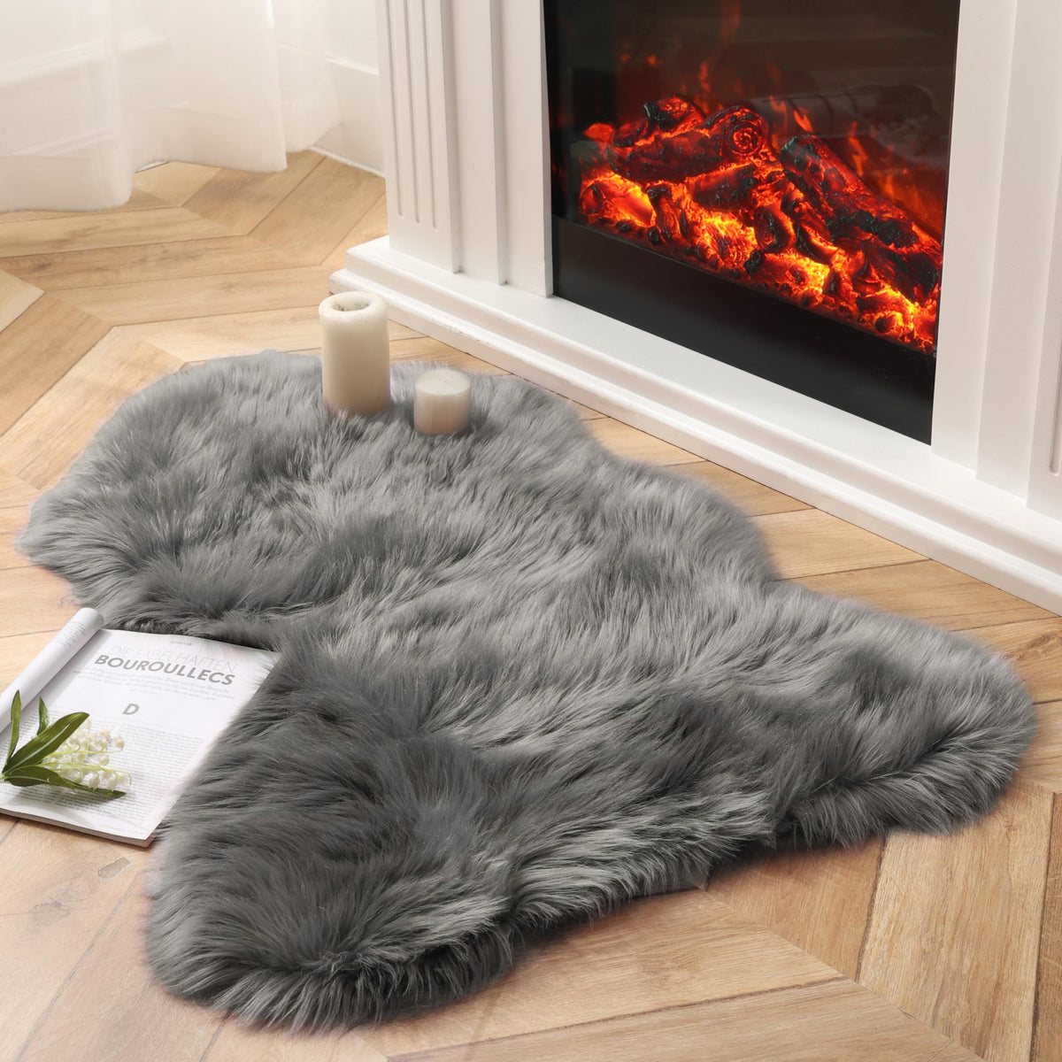 Ashler Faux Fur Rug, White, 2x3 Ft, Machine Washable