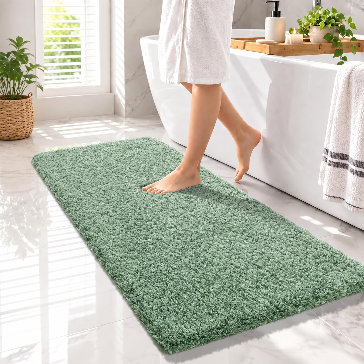 Yimobra Bathroom Rugs Non Slip Washable 32X20, Ultra Soft and Water Absorbent Bath Mats, Plush Fluffy Shower Mat Outside, Microfiber Thick Matts for Bathroom Floor/Tub, Light Gray and White