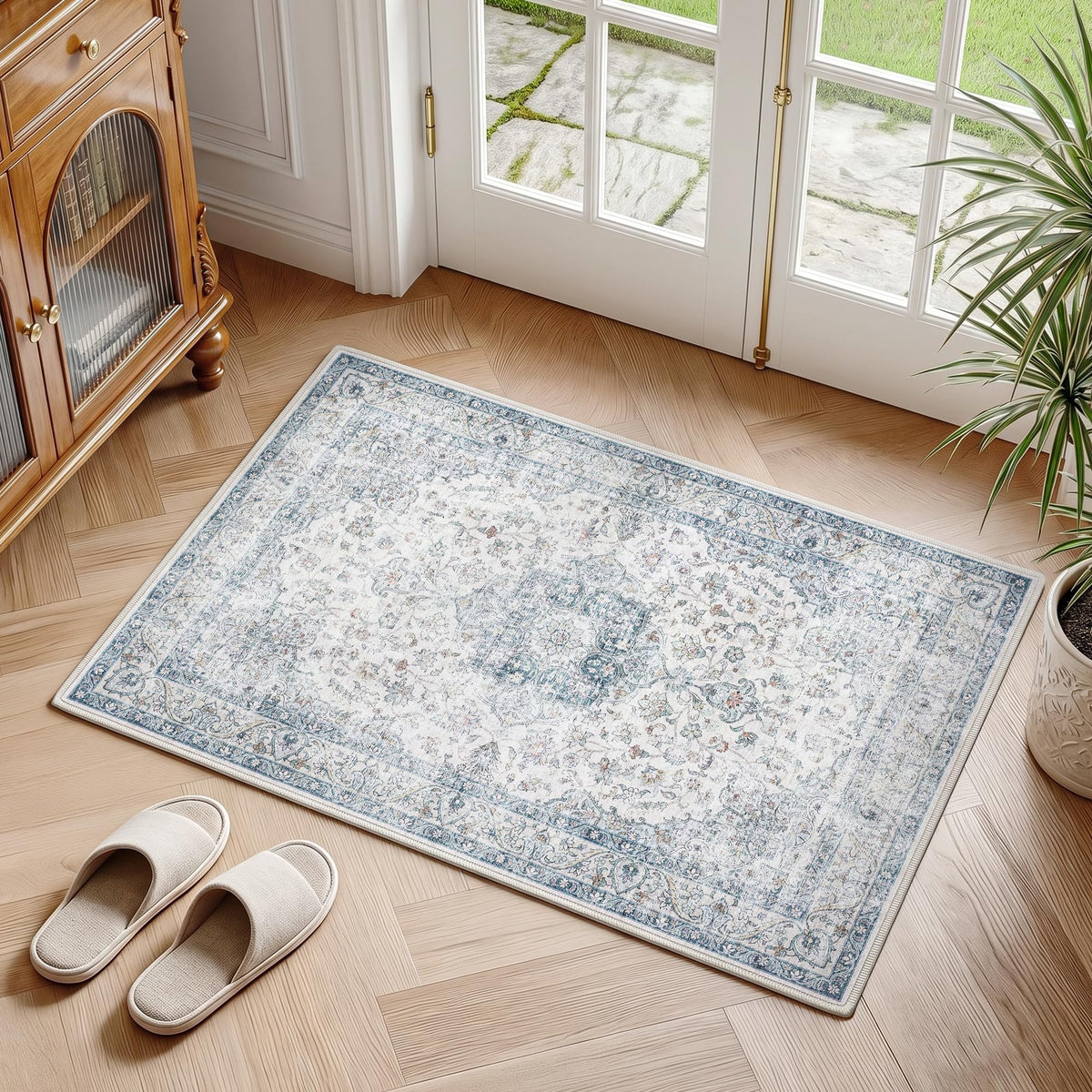 FMFUNCTEX 2x6 Hallway Runner Rug Washable Beige Neutral Vintage Distressed