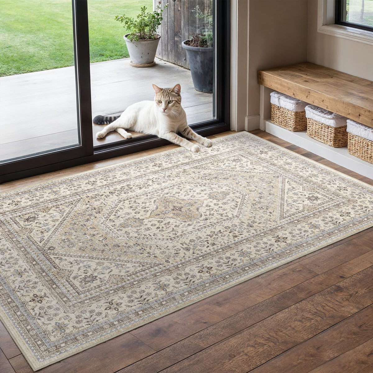 2x3 Washable Entryway Area Rug - Non-Slip Boho Throw Rugs Beige Gray
