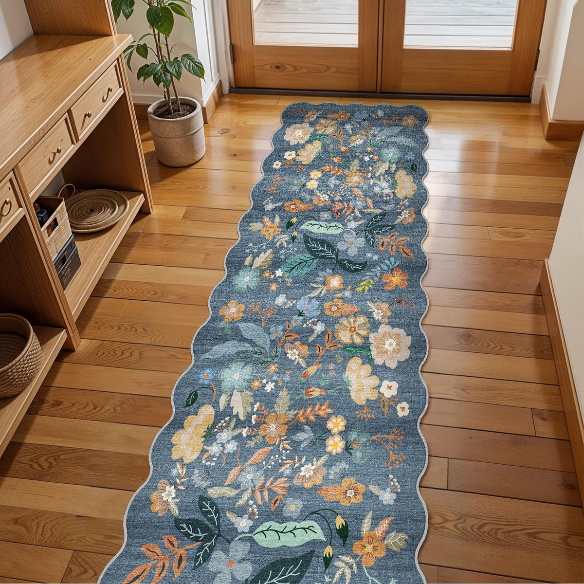 2x4 Rug Washable for Entryway - Non-Slip Scalloped Floral Throw Rug Black