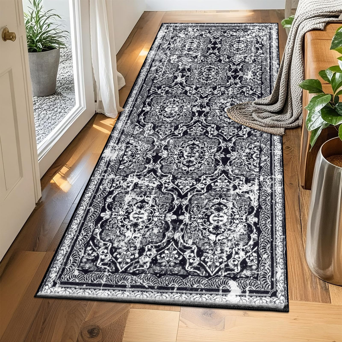 Vaukki Hallway Runner 2x6 ft, Grey Vintage Shaggy Soft Kitchen Rug